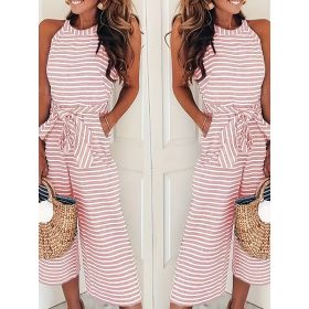 Womens Casual Striped Jumpsuits Summer Cap Sleeve Wide Leg Jumper Romper Button Down Travel Beach Outfits (Option: Pink-S)