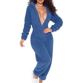 Women's Solid Color Plush Hooded Tracksuit Set Zip-Up Long Sleeve Top And Pants For Winter Loungewear (Option: Navy Blue-L)