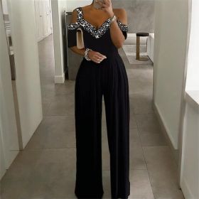 Plus Size Women's Solid Color V-Neck Jumpsuit With Rhinestone Detail - Wide Leg Romper For Spring&Summer (Option: Black-L)
