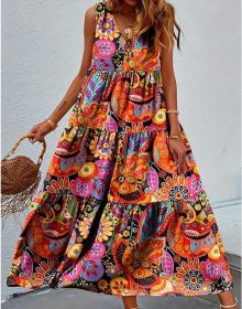 Bohemian Plus Size Dresses Loose Round Neck Ruffle Big Swing Print Spring Summer Casual Sleeveless Hem (Option: 4XL)