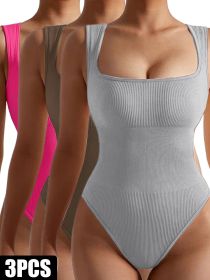 3 Pack Women Workout Seamless Jumpsuit Yoga Ribbed Bodycon One Piece Spaghetti Strap Romper (Option: 3PACK6-L)