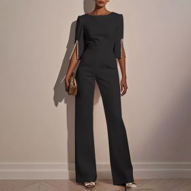 Women's Elegant Round Neck Jumpsuit - Mid-Sleeve With Side Slit Cuffs & Pearl Accents, Back Zipper Design For Casual To Formal Events (Option: Black-XXL)