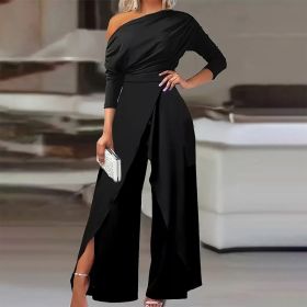 Women's Elegant One-Shoulder Jumpsuit With Long Sleeves & Pants Slit Pleated Waist Formal & Party For Spring&Summer (Option: Black-M)
