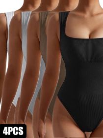 4 Pack Women Jumpsuit Workout Romper Short Sleeve Gym One Piece Bodycon Unitards Tummy Control Yoga Bodysuit (Option: 4PACK1-L)