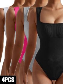 4 Pack Women Jumpsuit Workout Romper Short Sleeve Gym One Piece Bodycon Unitards Tummy Control Yoga Bodysuit (Option: 4PACK4-L)