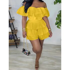 Womens Sexy Off Shoulder Rompers Summer Ruffle Short Sleeve Tiered Short Jumpsuits (Option: Yellow-M)