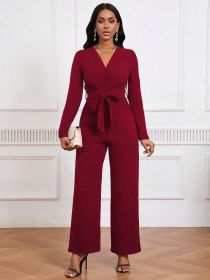 Simple And Stylish, Elegant Commuting Jumpsuit, Long Sleeve Straight Jumpsuit, V-neck, Cross Pleated, Tie-up Casual Jumpsuit, For Everyday Wear. (Option: XL)