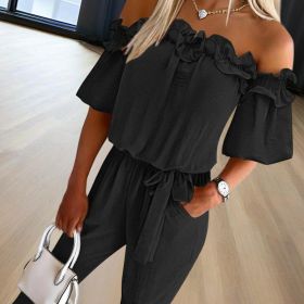 Women's Solid Color Elegant Off-Shoulder Jumpsuit With Ruffle Sleeves & Tie-Waist Summer Casual Romper (Option: Black-S)