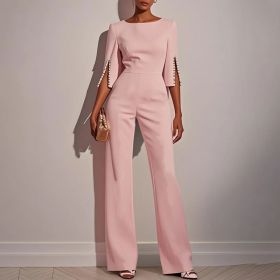 Women's Elegant Round Neck Jumpsuit - Mid-Sleeve With Side Slit Cuffs & Pearl Accents, Back Zipper Design For Casual To Formal Events (Option: Pink-S)