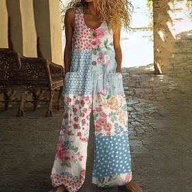 Women's Vintage Floral Jumpsuit - Sleeveless Button Front Romper With Pockets, Casual Loose Fit Long Pants Jumper (Option: Pattern5-S)