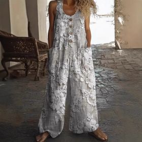 Women's Vintage Floral Jumpsuit - Sleeveless Button Front Romper With Pockets, Casual Loose Fit Long Pants Jumper (Option: Pattern6-S)