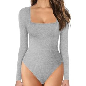 Women's Long Sleeve Square Neck Tummy Shaper Bodysuit Sexy Slimming Elegant Lingerie (Option: GrayS)