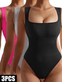 3 Pack Women Workout Seamless Jumpsuit Yoga Ribbed Bodycon One Piece Spaghetti Strap Romper (Option: 3PACK5-S)