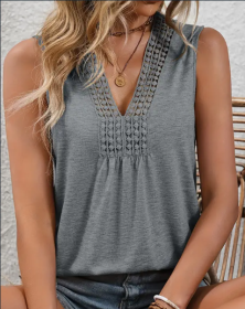 Stunning Lace V Neck Tank Top - Elegant Sleeveless Pleated Design, Flowy Silhouette, Breathable Fabric, Perfect For Spring & Summer, Women's Clot (Option: Grey-S)