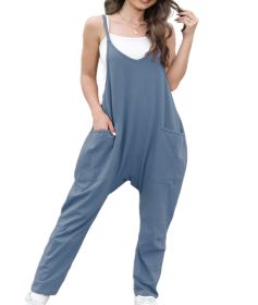 Self-pick-up Only Women's Casual Sleeveless Backless Loose Solid Color Jumpsuit Loose Stretch Pants Zipper Jumpsuit With Pockets Only Self-pickup (Option: Blue-S)