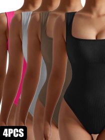 4 Pack Women Jumpsuit Workout Romper Short Sleeve Gym One Piece Bodycon Unitards Tummy Control Yoga Bodysuit (Option: 4PACK3-S)