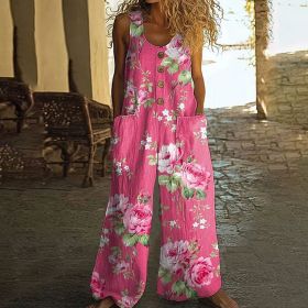 Women's Vintage Floral Jumpsuit - Sleeveless Button Front Romper With Pockets, Casual Loose Fit Long Pants Jumper (Option: Pattern1-M)