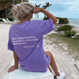 New Fashion Womens Letter T-Shirt Round Neck Short Sleeve Slogan Tee Top (Option: Purple-XL)