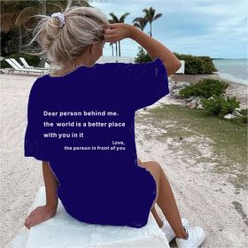 New Fashion Womens Letter T-Shirt Round Neck Short Sleeve Slogan Tee Top (Option: Navy blue-2XL)