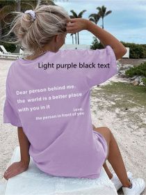New Fashion Womens Letter T-Shirt Round Neck Short Sleeve Slogan Tee Top (Option: Light purple black text-M)