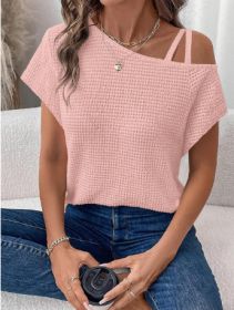 Women's Short-sleeved Solid Color Top Fashionable All-match Off-shoulder Knitted T-shirt (Option: Pink-L)