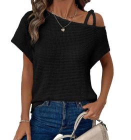 Women's Short-sleeved Solid Color Top Fashionable All-match Off-shoulder Knitted T-shirt (Option: Black-L)