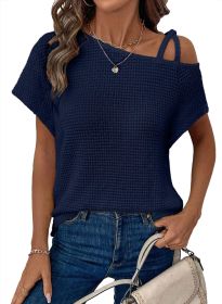Women's Short-sleeved Solid Color Top Fashionable All-match Off-shoulder Knitted T-shirt (Option: Navy Blue-L)