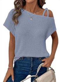Women's Short-sleeved Solid Color Top Fashionable All-match Off-shoulder Knitted T-shirt (Option: Sky Blue-XXL)