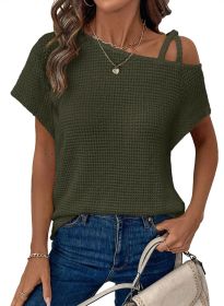 Women's Short-sleeved Solid Color Top Fashionable All-match Off-shoulder Knitted T-shirt (Option: Army Green-L)