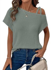 Women's Short-sleeved Solid Color Top Fashionable All-match Off-shoulder Knitted T-shirt (Option: Green-L)