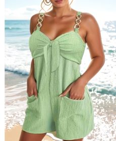 Women's Clothing Elegant Solid Color Metal Strap Pocket Short Casual Jumpsuit (Option: 2XL-Light Green)