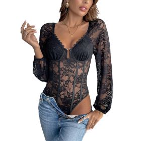 Sexy V-neck Lace Stitching Pull-up Solid Color Body Shaping Jumpsuit (Option: M-Black)