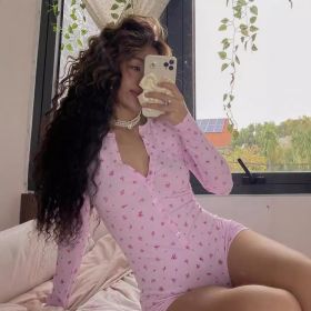 Floral V-neck Double-breasted Long Sleeve One-piece Shorts (Option: L-Pink)