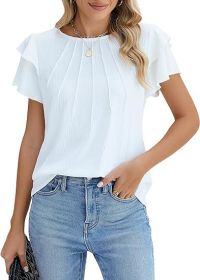 Summer Pleated Short Sleeve Round Neck Top Business Work Shirt (Option: White-M)