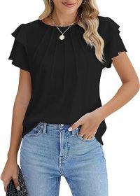 Summer Pleated Short Sleeve Round Neck Top Business Work Shirt (Option: Black-S)