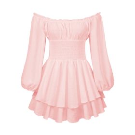 Fashion Solid Color Off-neck Pleated Ruffled Stitching Long Sleeve Casual Jumpsuit (Option: Pink-S)