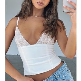 Women's V-neck Camisole Lace Vest With Back Zipper Design Summer Slim Sleeveless Tops (Option: White-M)