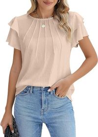 Summer Pleated Short Sleeve Round Neck Top Business Work Shirt (Option: Apricot-S)