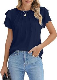 Summer Pleated Short Sleeve Round Neck Top Business Work Shirt (Option: Dark Blue-S)